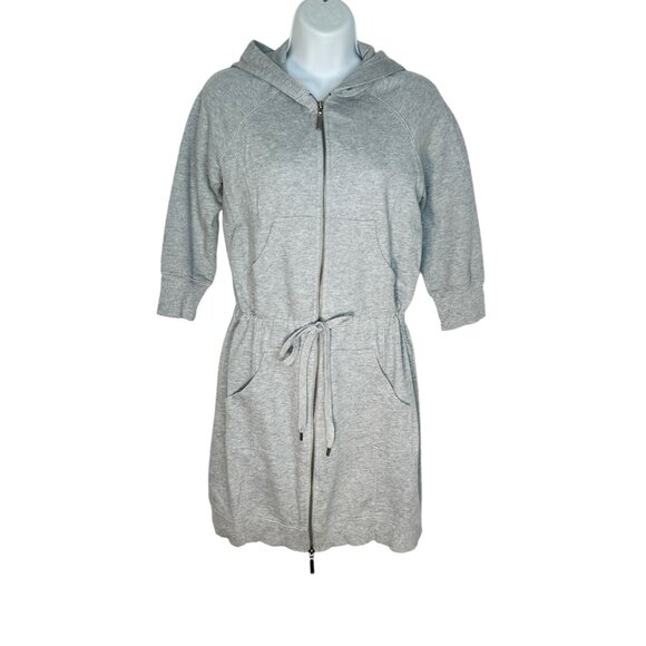 norma Kamali Longline Hooded Sweatshirt Drawstring Heather Gray Zip Up Small - Picture 1 of 10